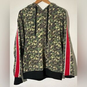 Rebel Star Camouflage Long Sleeve Pullover Hoodie with Red Accents